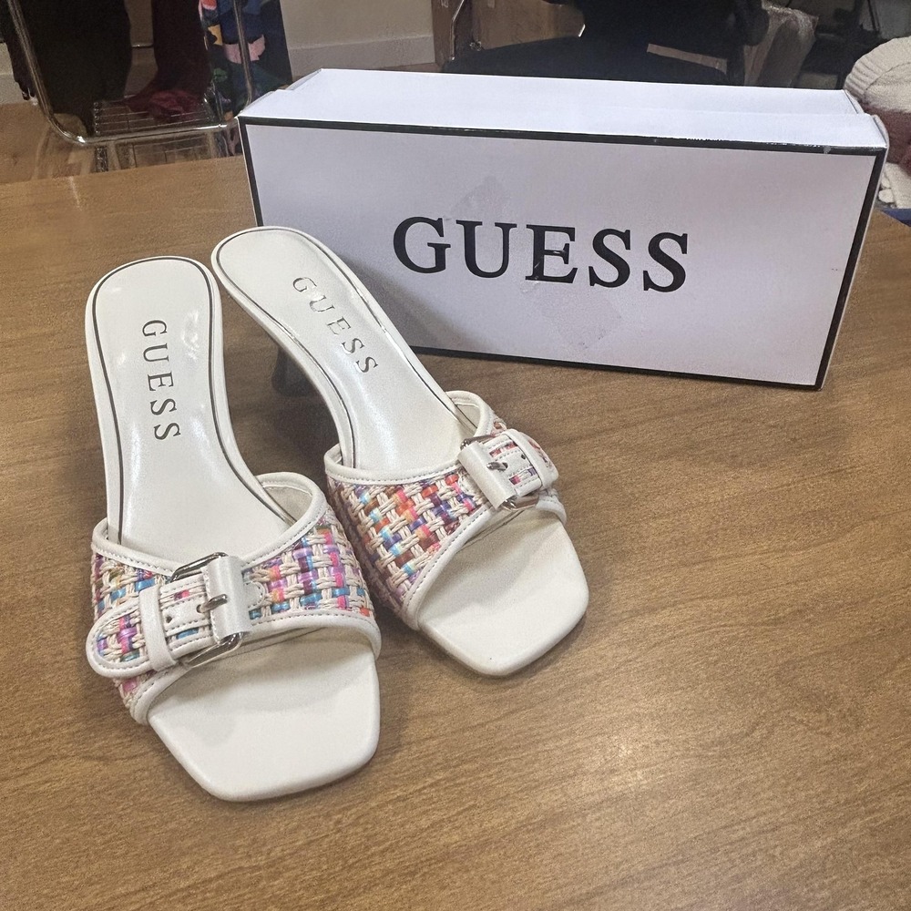 Guess Dista2 Sandals Womens Size 8.5 Multicolor Buckle Slide Heels Weave Mules